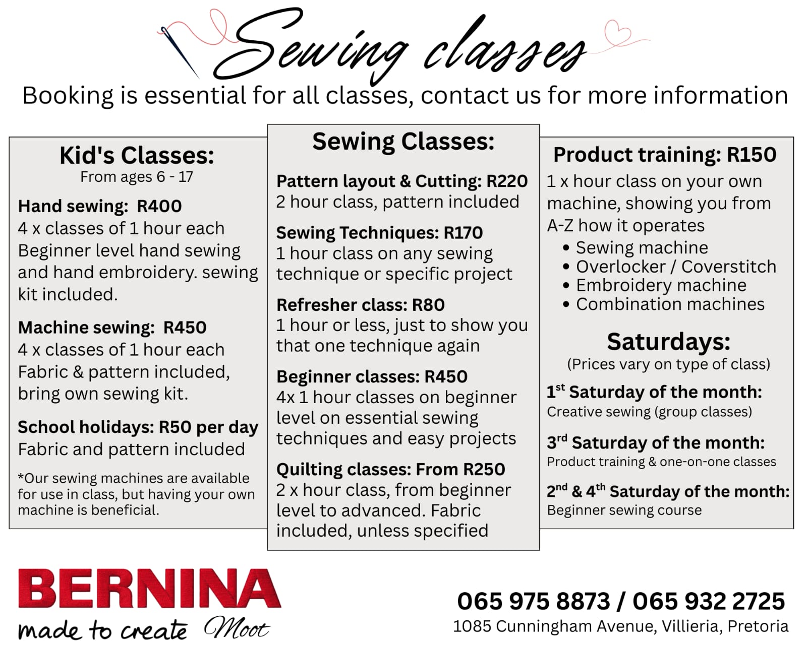 Sewing classes price sheet