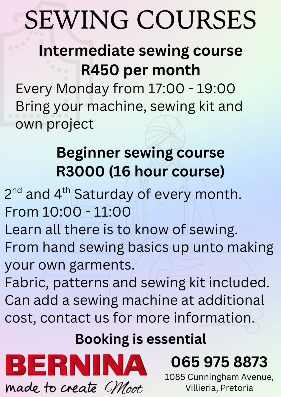 Sewing courses price sheet